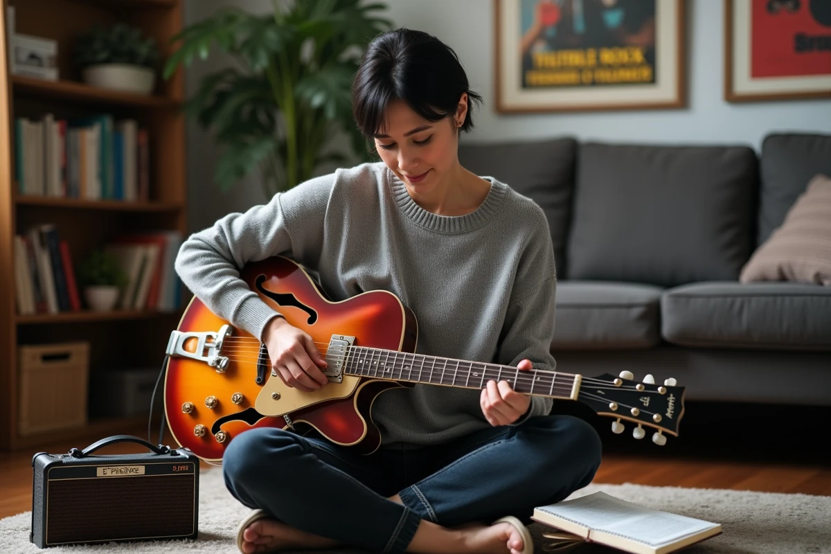 Femme guitariste apprenant le solo de Let It Be sur tablature dans un salon vintage