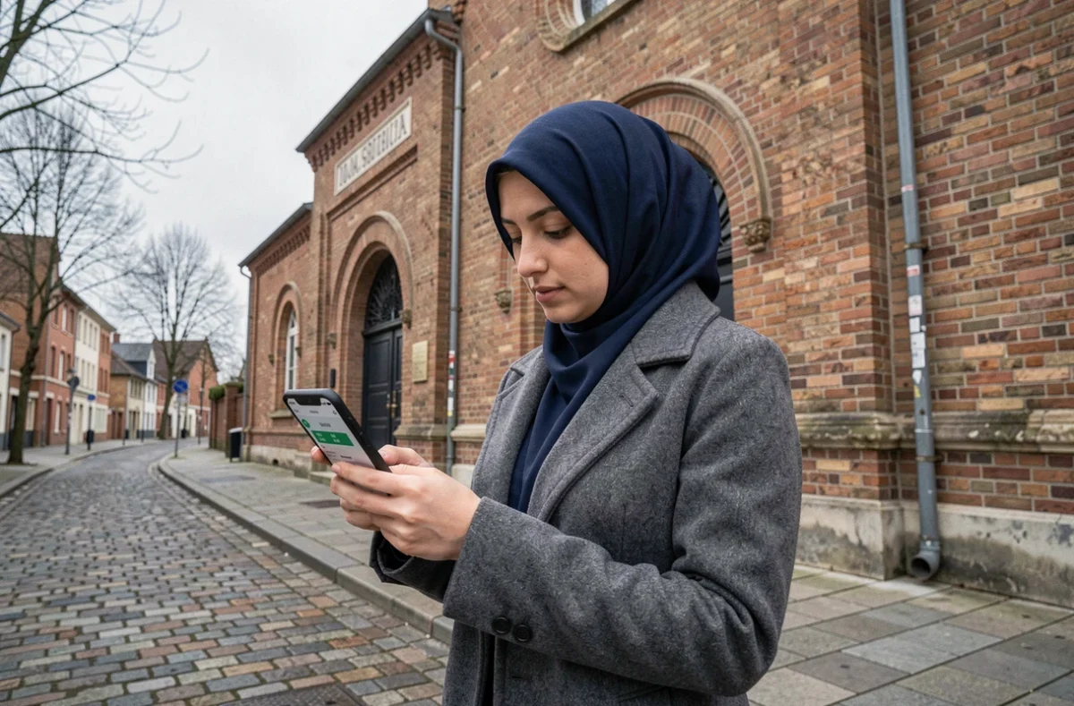 Femme musulmane consultant les heures de prière sur smartphone devant une mosquée à Tourcoing