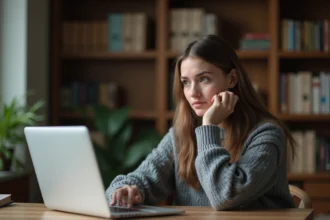 Jeune femme cherchant un indice pour le jeu Cemantix sur son ordinateur portable