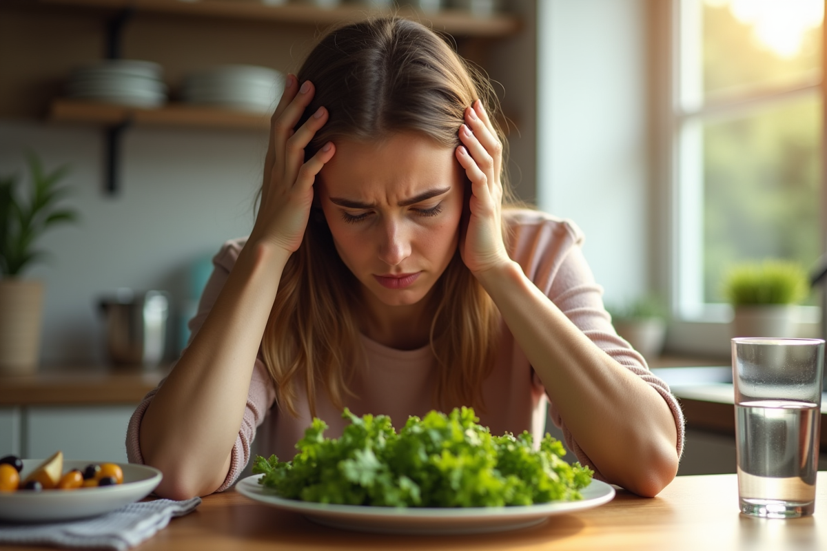 Jeune femme inquiète devant légumes et compléments