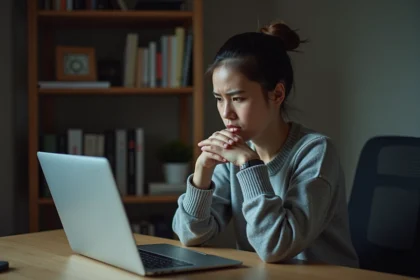 Jeune femme inquiète devant son ordinateur portable, illustrant la problématique de la fuite de contenus privés en ligne