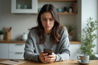 Femme inquiète avec smartphone dans une cuisine moderne
