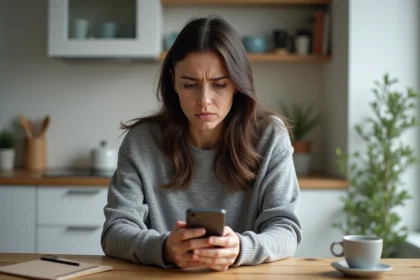 Femme inquiète avec smartphone dans une cuisine moderne