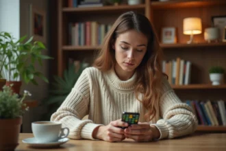 Jeune femme paramétrant un jeu de mots type Wordle sur son smartphone depuis son bureau à domicile