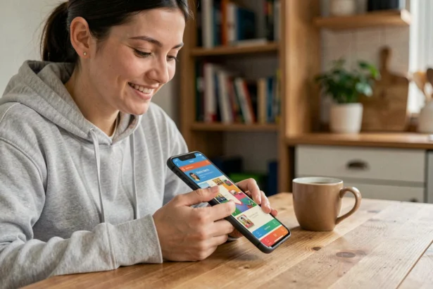 Jeune femme jouant à Monopoly GO sur son smartphone à la maison pour obtenir des lancers de dés gratuits