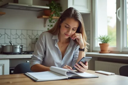 Jeune femme lisant un livre de grammaire française à la maison