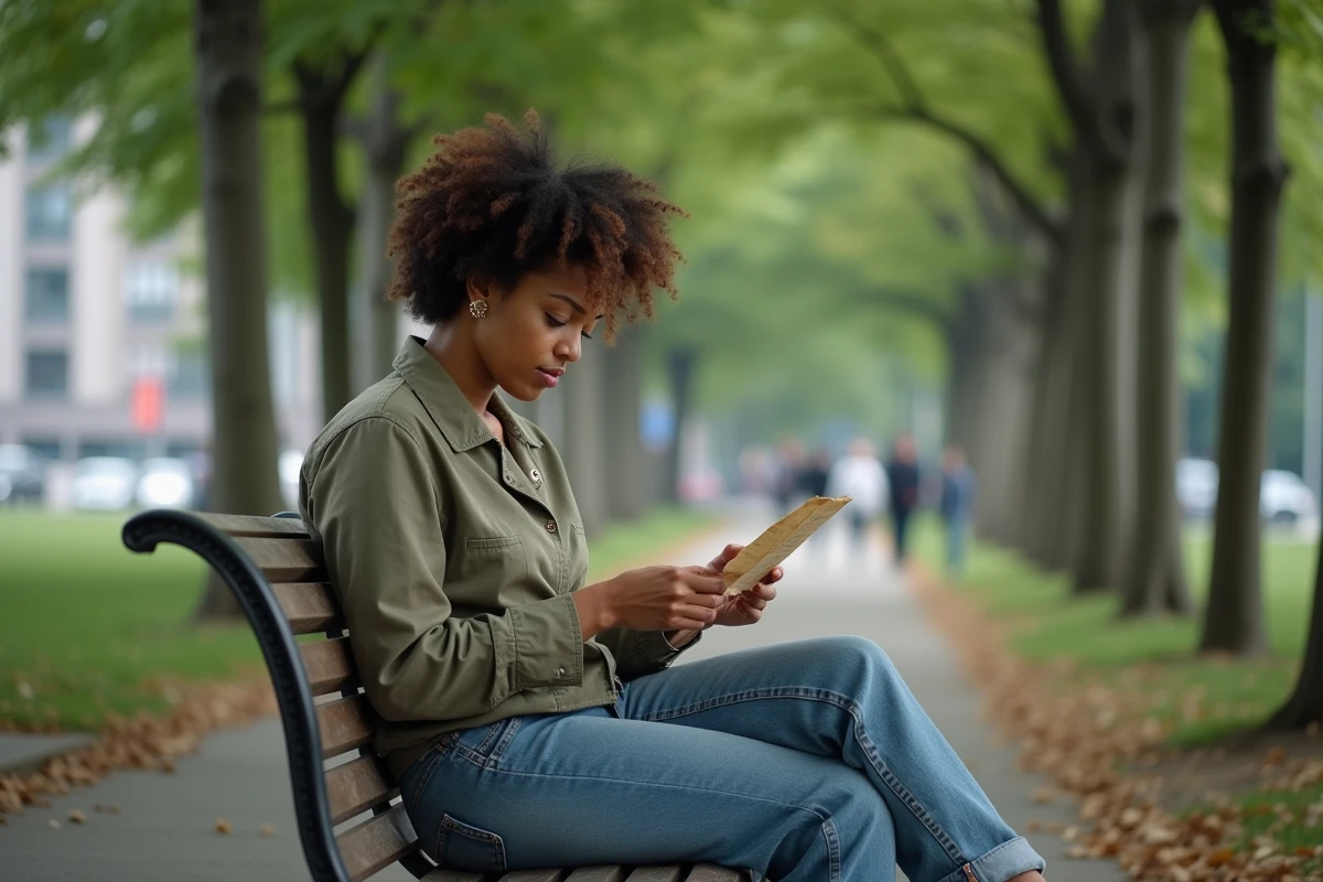 Femme assise sur un banc de parc lisant des paroles