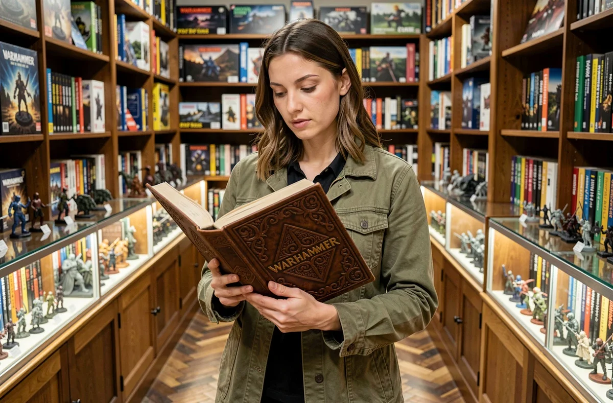 Femme tenant un roman Warhammer dans une librairie spécialisée jeux de figurines et culture geek