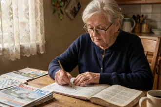 Femme âgée résolvant des mots fléchés religieux à table avec un livre de chants liturgiques ouvert