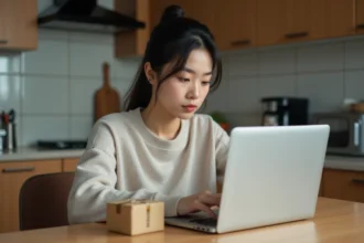 Jeune femme asiatique examine un colis en ligne à la maison