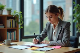 Femme d'affaires organisant des notes colorées dans un bureau moderne