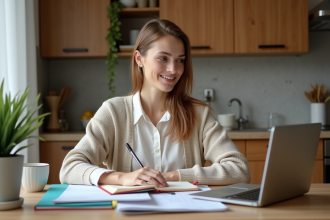 Jeune femme organisée avec dossiers et carnet dans la cuisine
