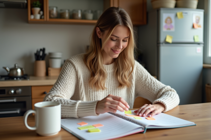 Femme organisant un planner familial dans la cuisine chaleureuse