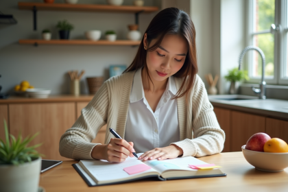 Jeune femme organisant ses notes dans un planner lumineux
