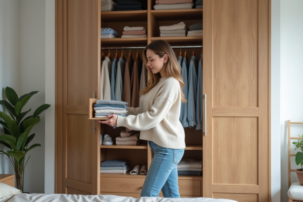 Femme arrangeant ses vêtements dans un dressing moderne
