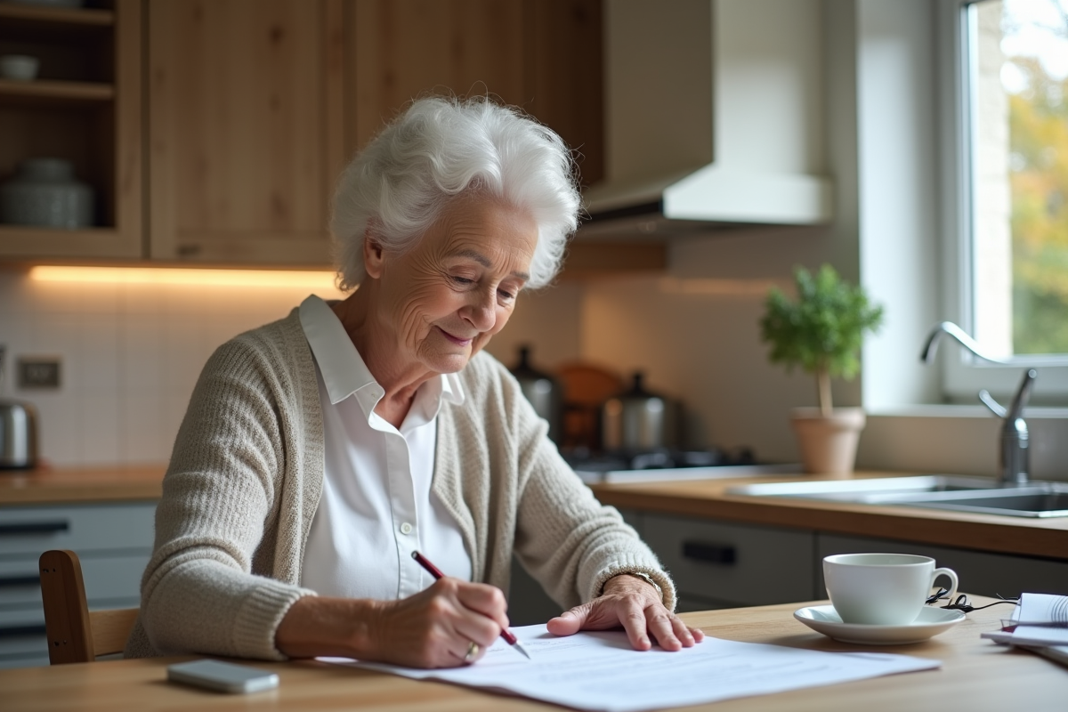 Femme âgée remplissant papiers de retraite à la maison