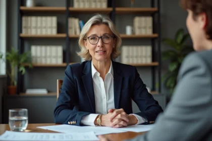 Femme politique française en bureau moderne lors d'une conversation