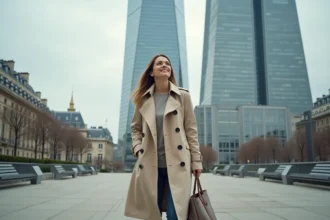 Femme se promenant devant la Tour Montparnasse à Paris, centre commercial en arrière-plan