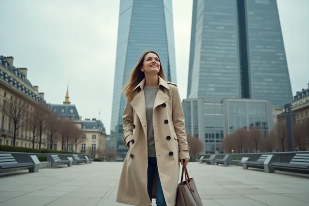 Femme se promenant devant la Tour Montparnasse à Paris, centre commercial en arrière-plan