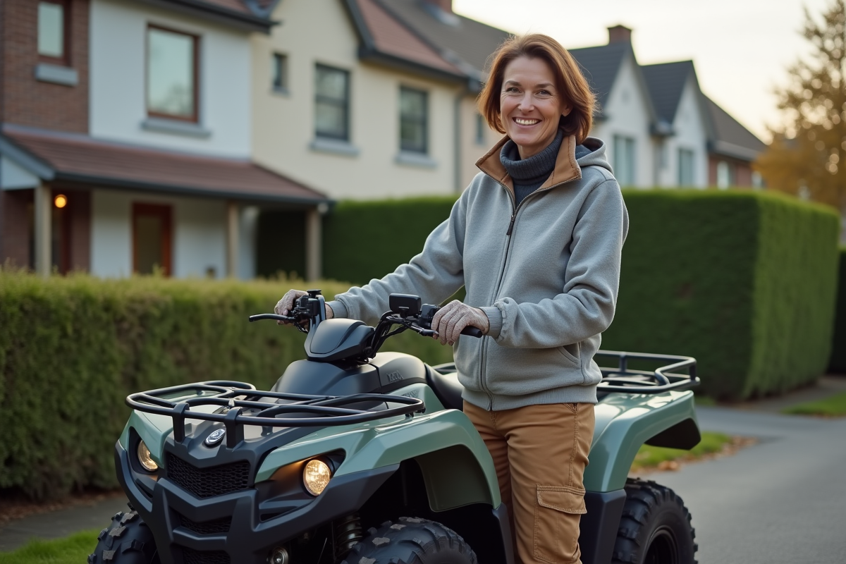 Femme souriante avec quad dans environnement résidentiel