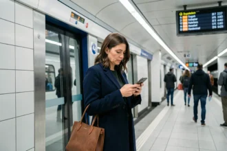 Femme consultant son téléphone sur le quai de la ligne 14 du métro parisien pour calculer son temps de trajet