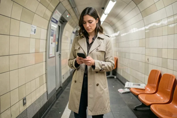 Femme détendue consultant son téléphone sur un quai calme de la ligne 9 du métro parisien en dehors des heures de pointe