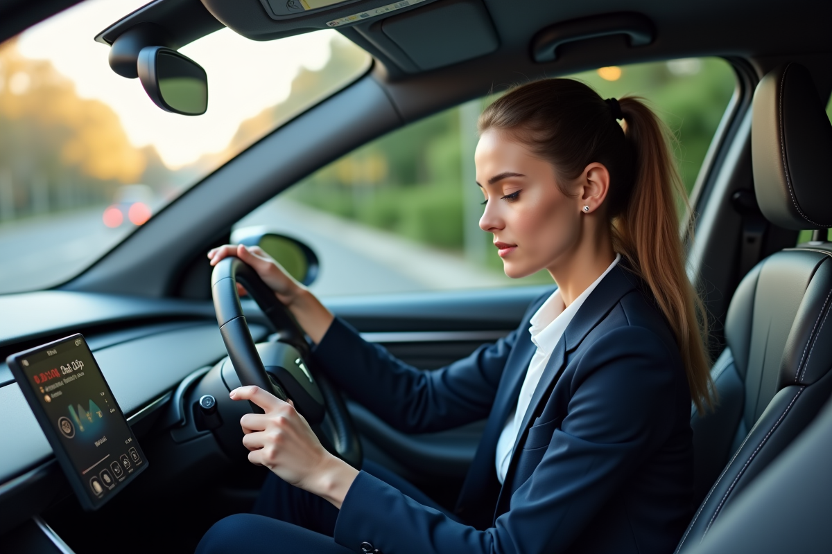 Jeune femme dans une voiture électrique en intérieur