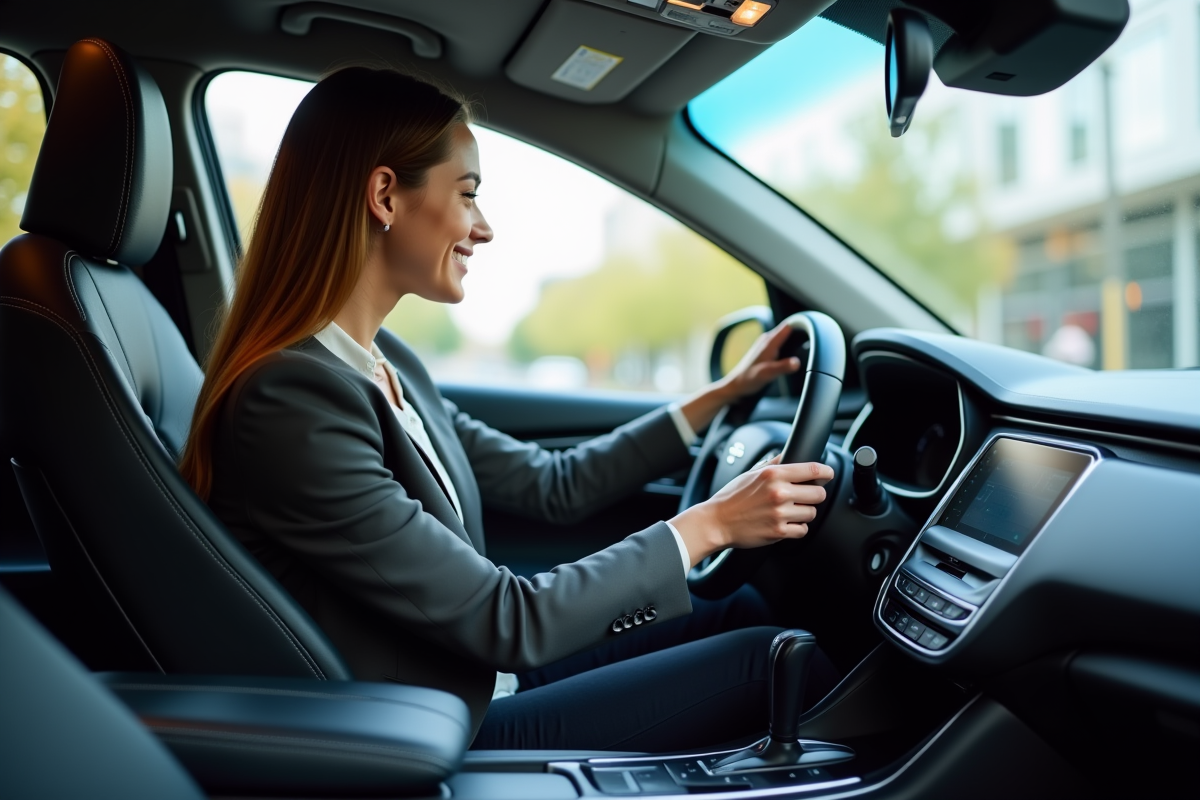 Femme examine le tableau de bord d’un SUV hybride