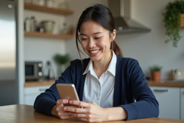 Femme dans la cuisine moderne vérifiant son smartphone