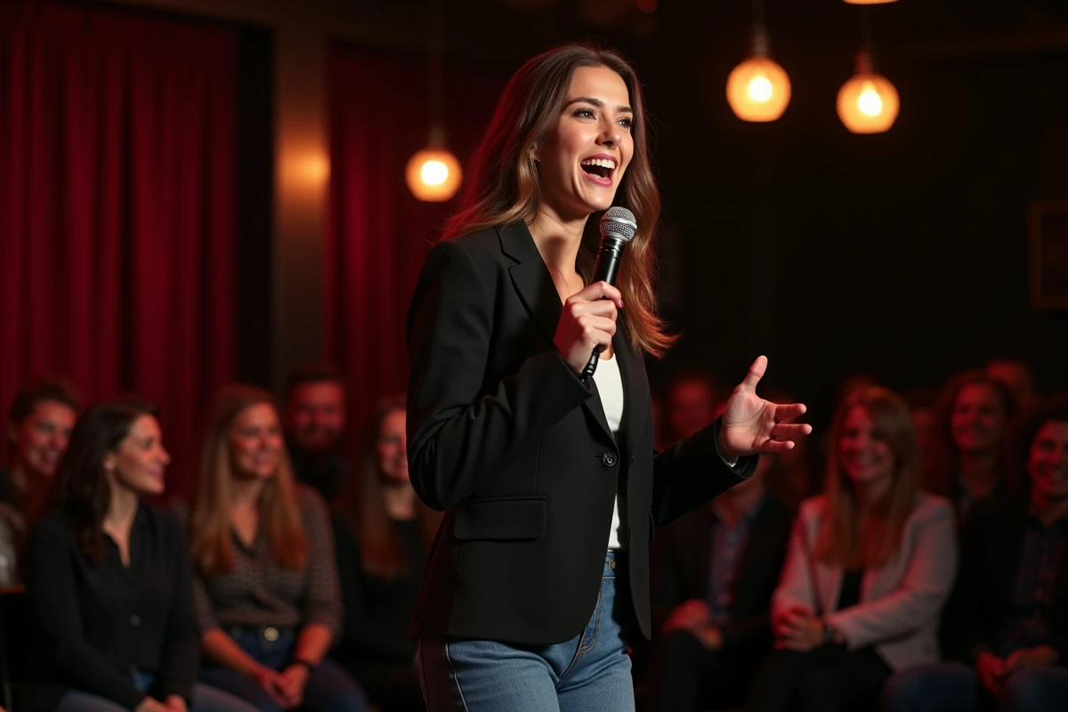 Jeune femme faisant du stand-up comique sur scène dans un club d'humour devant un public complice