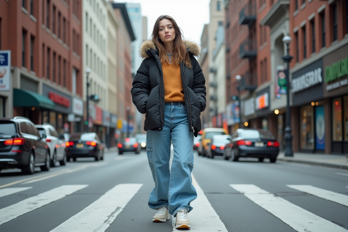 Jeune femme en streetwear sur un passage piéton animé