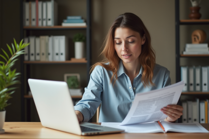 Femme d affaires examine documents fiscaux dans son bureau
