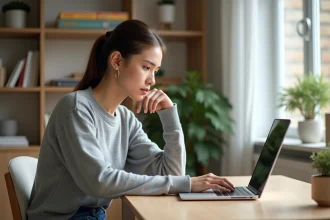 Jeune femme travaillant sur un ordinateur dans un bureau à domicile