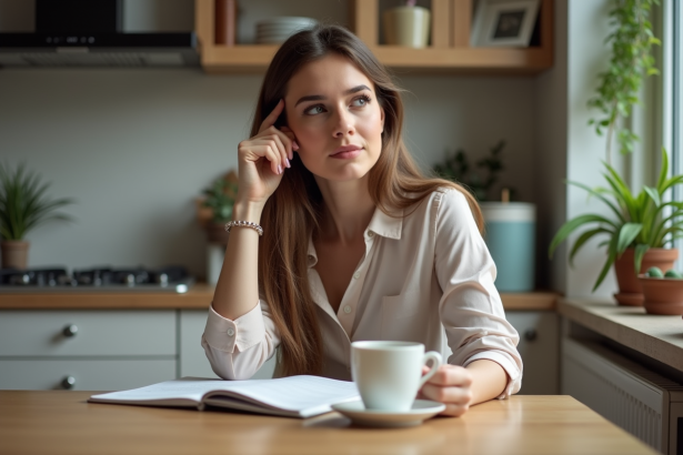 Femme en bureau assise à la maison en pensant