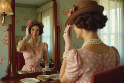 Femme élégante en robe à pois des années 50 ajustant son chapeau