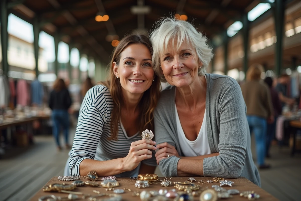 Deux femmes examinant des bijoux vintage dans un marché aux puces couvert lors d'une braderie