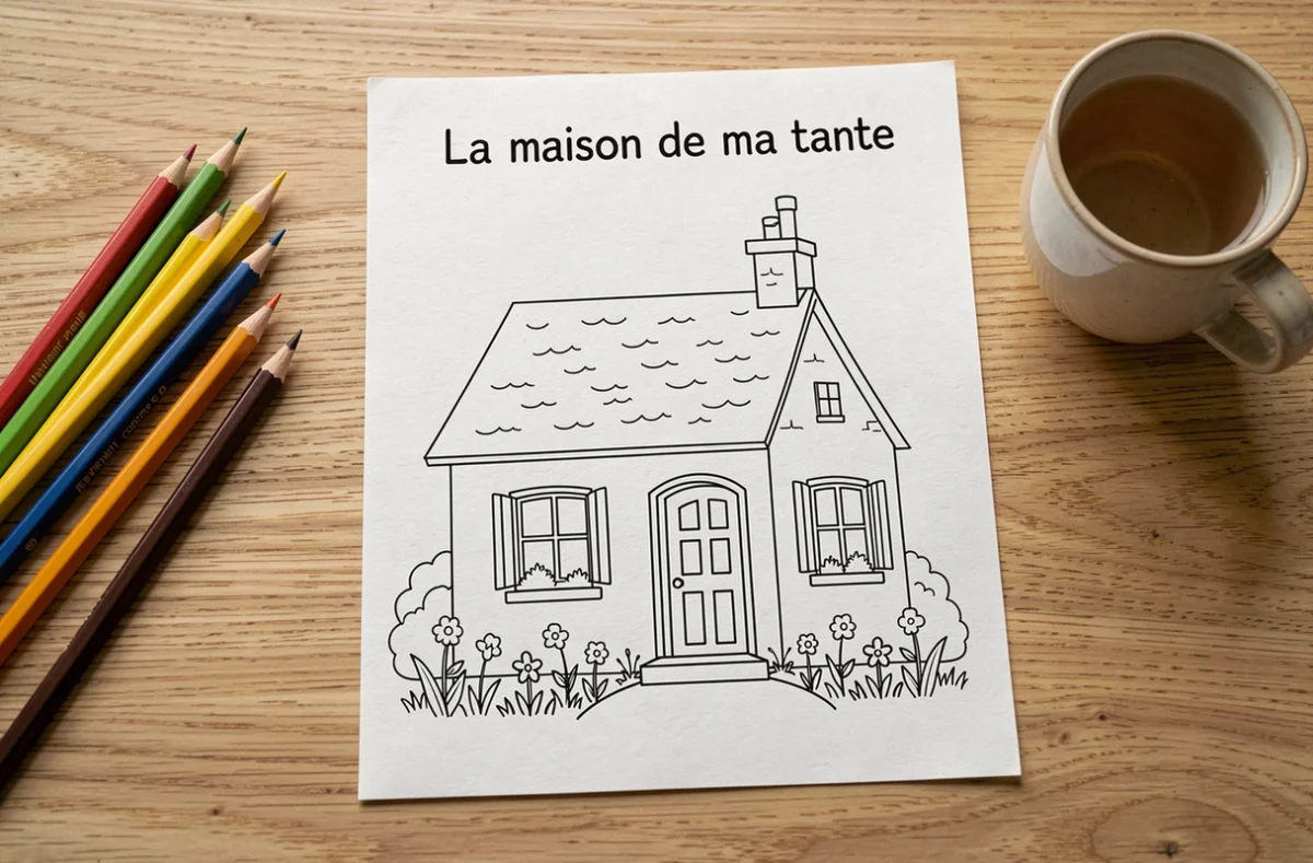 Fiche imprimable de la comptine La maison de ma tante avec dessin à colorier et crayons de couleur sur bureau en bois