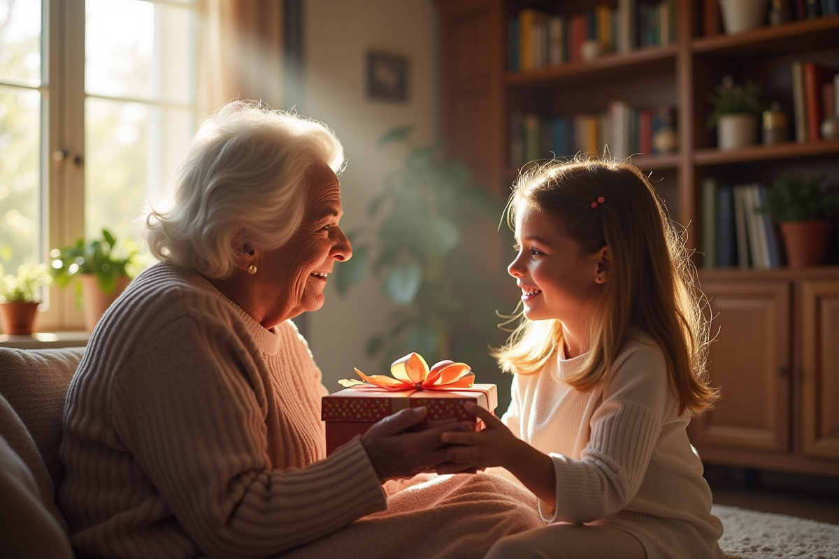 Une grand-mère et sa petite fille échangeant des cadeaux dans un salon