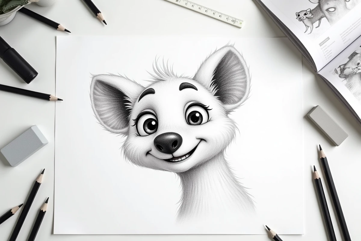 Vue à plat d'un espace de travail artistique avec croquis de hyène en cours et outils de dessin sur table blanche