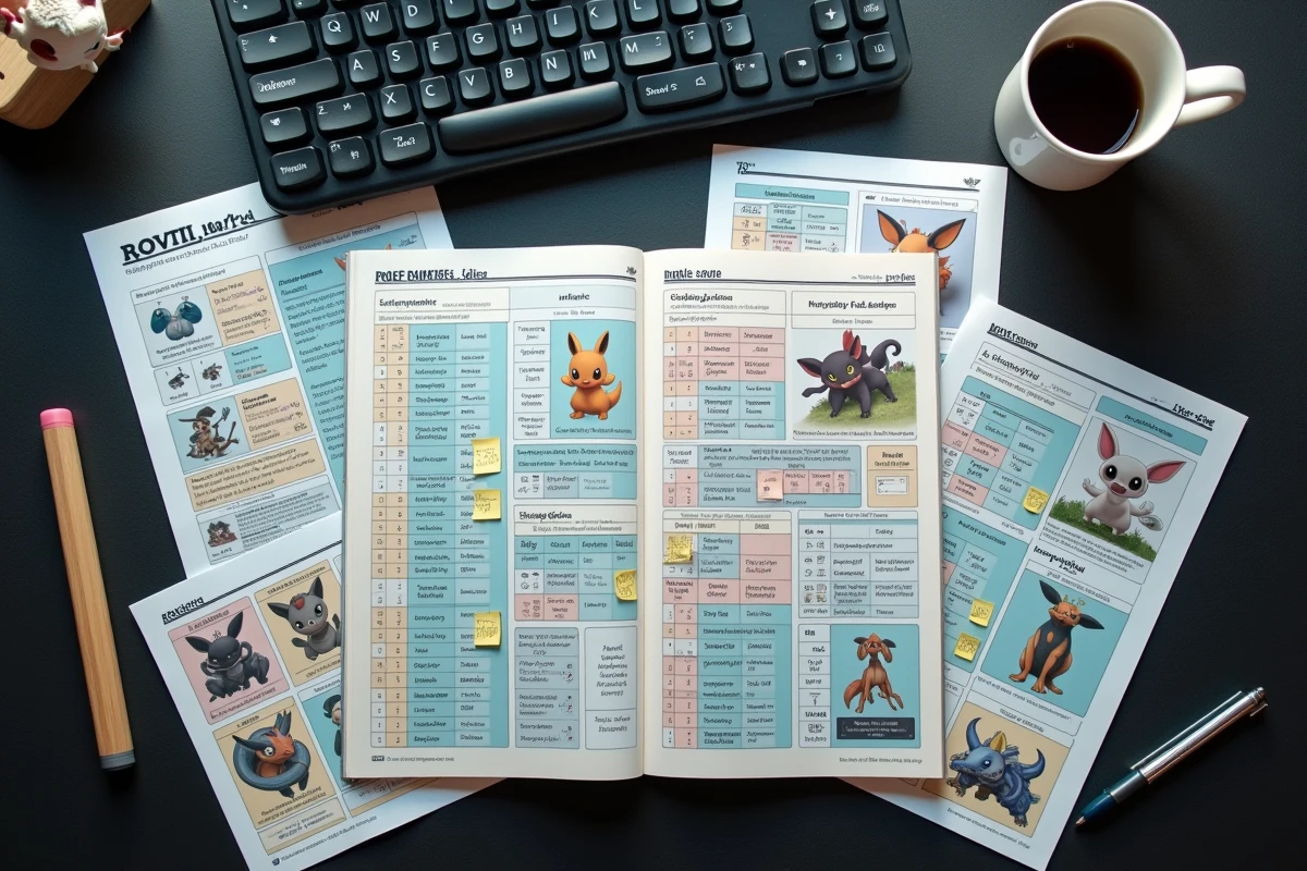 Vue aérienne de guides stratégiques et notes manuscrites sur les Pokémon de type Psy avec figurine Mewtwo