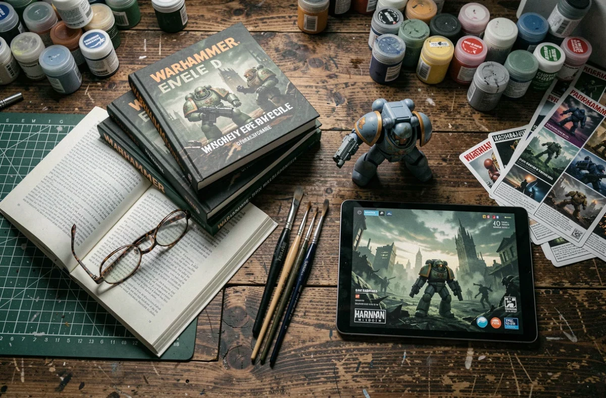 Vue de dessus livres Warhammer figurines peintes tablette jeu vidéo sur un bureau d'atelier de peinture miniatures