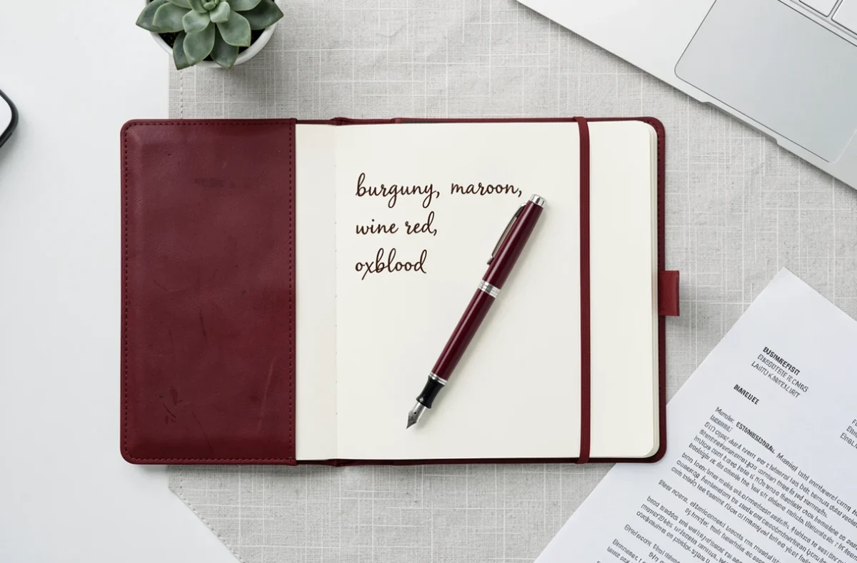 Flat-lay d'un bureau minimaliste avec un stylo bordeaux et un carnet ouvert sur les traductions anglaises de la couleur bordeaux pour des e-mails professionnels
