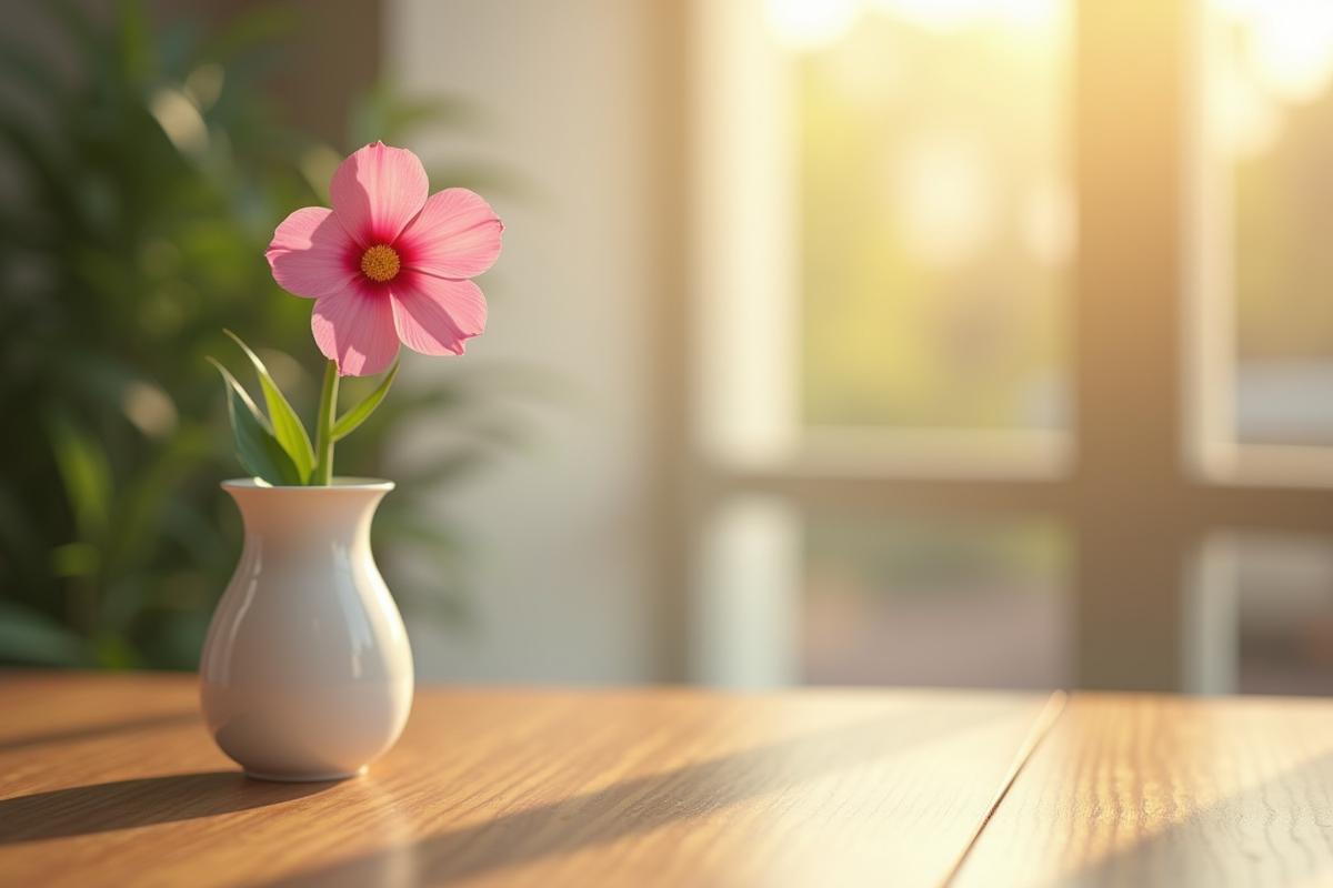 Fleur en forme de K dans un vase sur table en bois