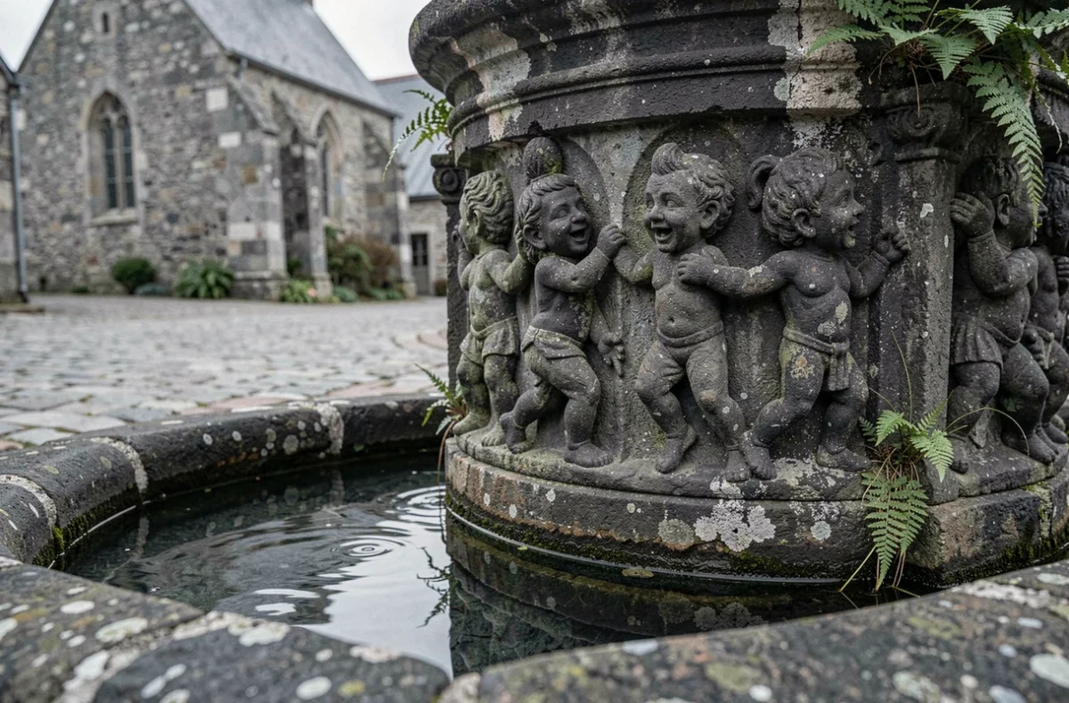 Fontaine en pierre sculptée d'une figure grotesque dans un village breton, symbole des Korrigans dans le folklore et la mythologie celtique