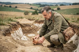 Passionné d'histoire locale examinant des vestiges archéologiques dans une tranchée de fouilles en Bourgogne, évoquant la controverse sur la localisation d'Alésia