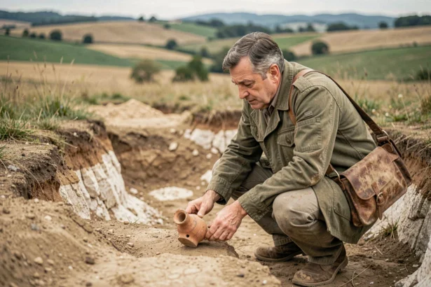 Passionné d'histoire locale examinant des vestiges archéologiques dans une tranchée de fouilles en Bourgogne, évoquant la controverse sur la localisation d'Alésia