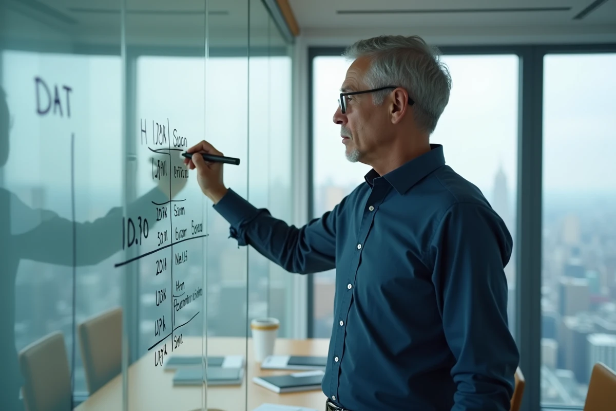 Homme traçant une frise chronologique sur un tableau blanc pour calculer un intervalle de dates en entreprise