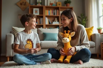 Jeune garçon souriant avec un jouet girafe dans un salon chaleureux