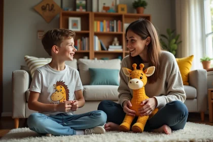 Jeune garçon souriant avec un jouet girafe dans un salon chaleureux