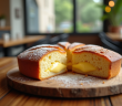 Gâteau basque frais tranché sur une table en bois dans un café lumineux